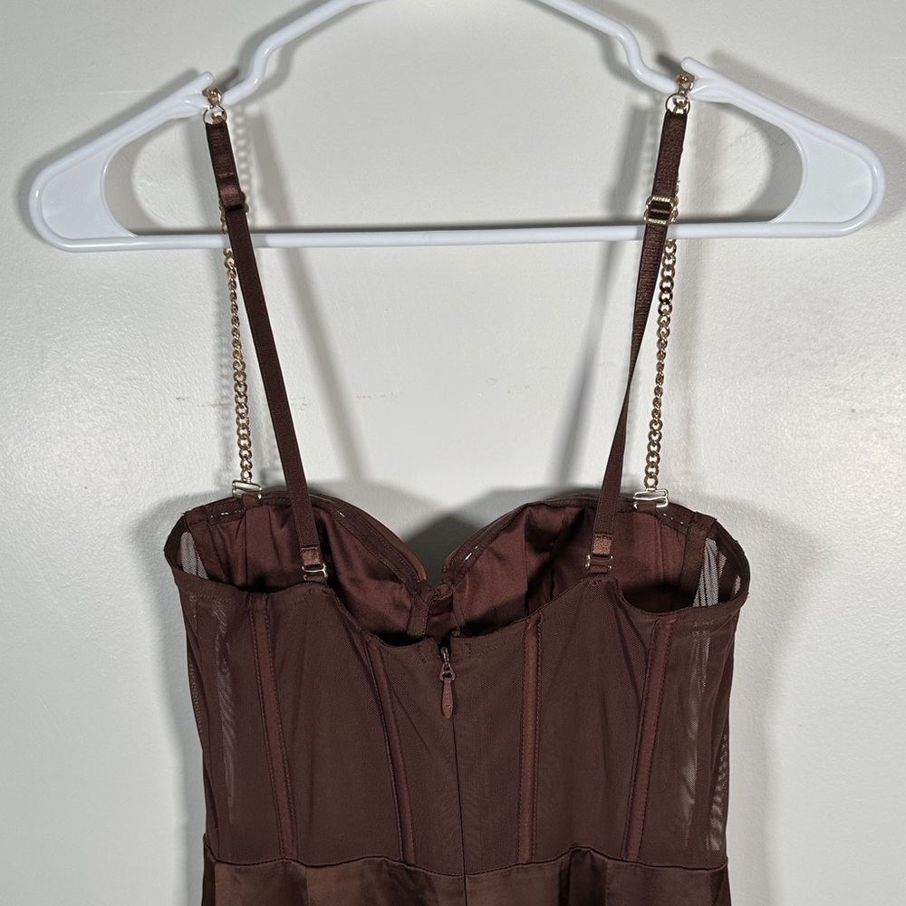 Meshki Brown Satin Corset Dress Bodycon Midi Thigh Slit Sexy Night Out Size M - Picture 16 of 16